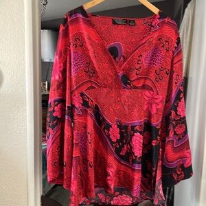 Vibrant Red and Black Floral silk Blouse great holiday blouse